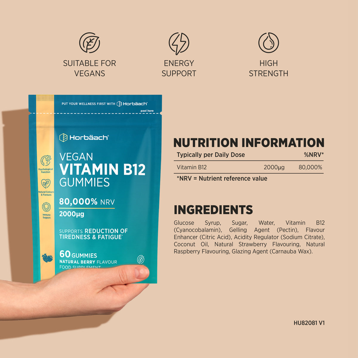 Horbäach Vegan Vitamin B12 2000µg 60 Gummies pack with Natural Berry Flavor held by a hand.