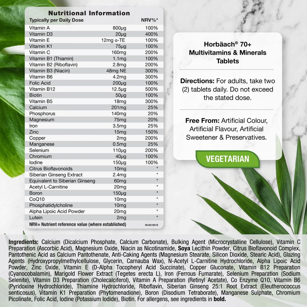 Horbäach® 70+ Multivitamins & Minerals Tablets label shows nutritional facts, vegetarian badge, and 'Free From' claims.