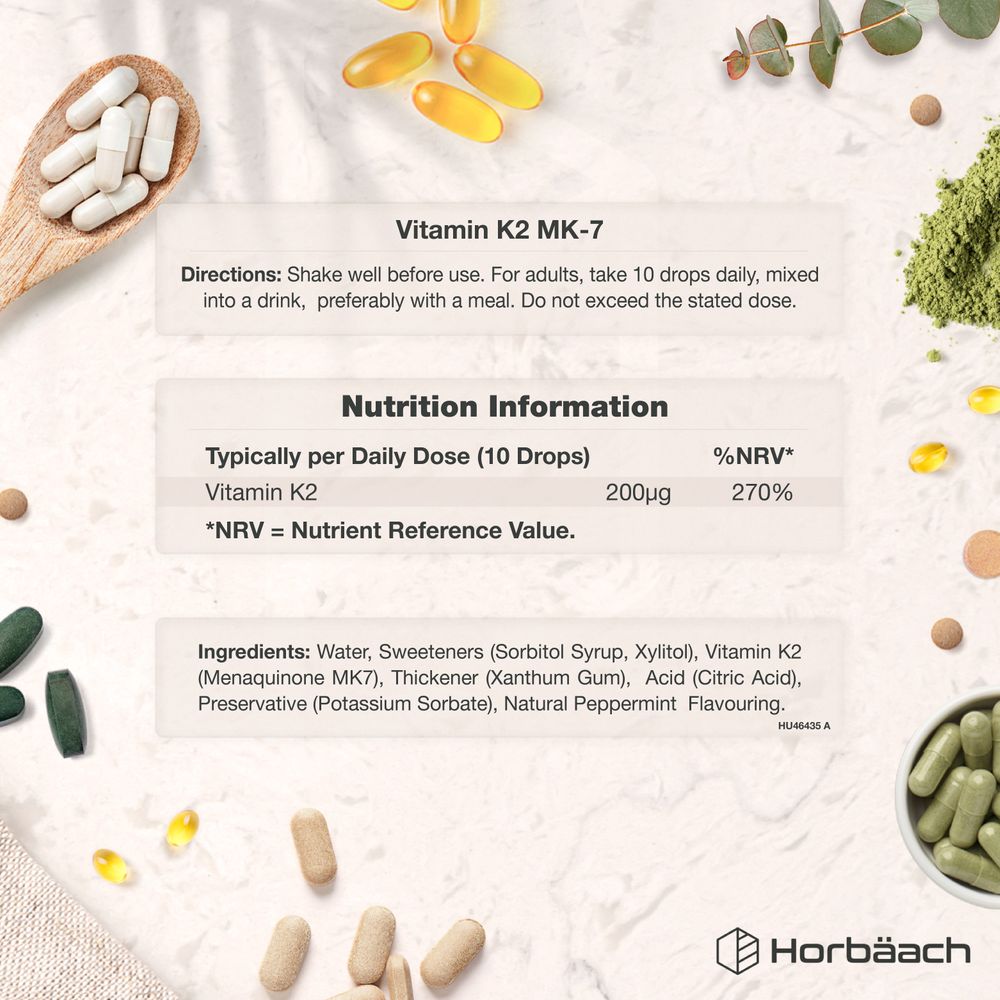 Nutrition and ingredient panel for Vitamin K2 MK-7, surrounded by a mix of white capsules, yellow softgels, and green capsules.