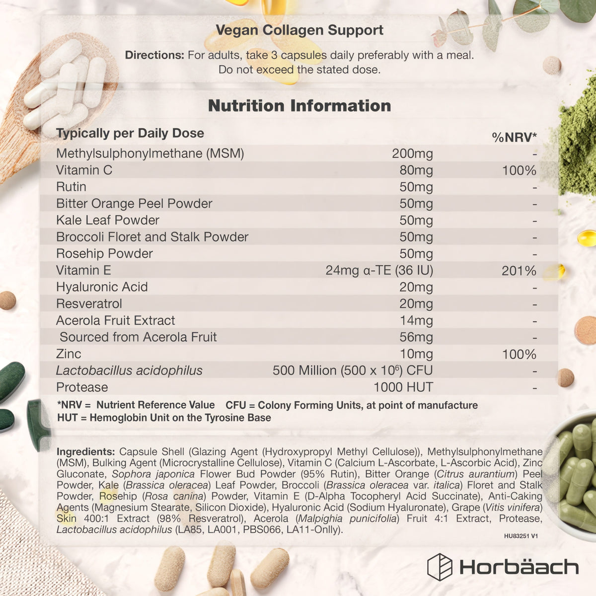 HU Vegan Collagen Complex Supplement Facts panel displaying nutritional information and ingredients.