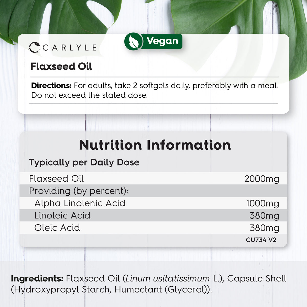 Flaxseed Oil 2000mg 120 Softgels label with Vegan badge, directions, nutrition info, and ingredients.