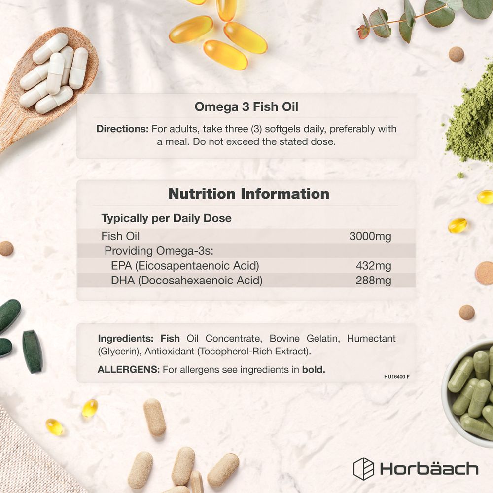 Yellow oval Omega 3 Fish Oil softgels shown in bulk scale, delivering 3000mg daily.