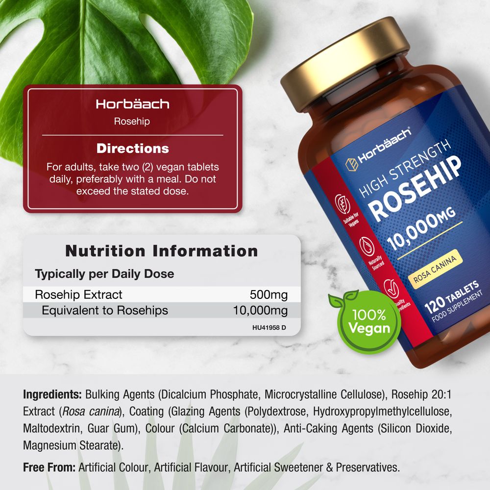 Hand holding a pack of 120 vegan tablets with 10,000mg rosehip content.