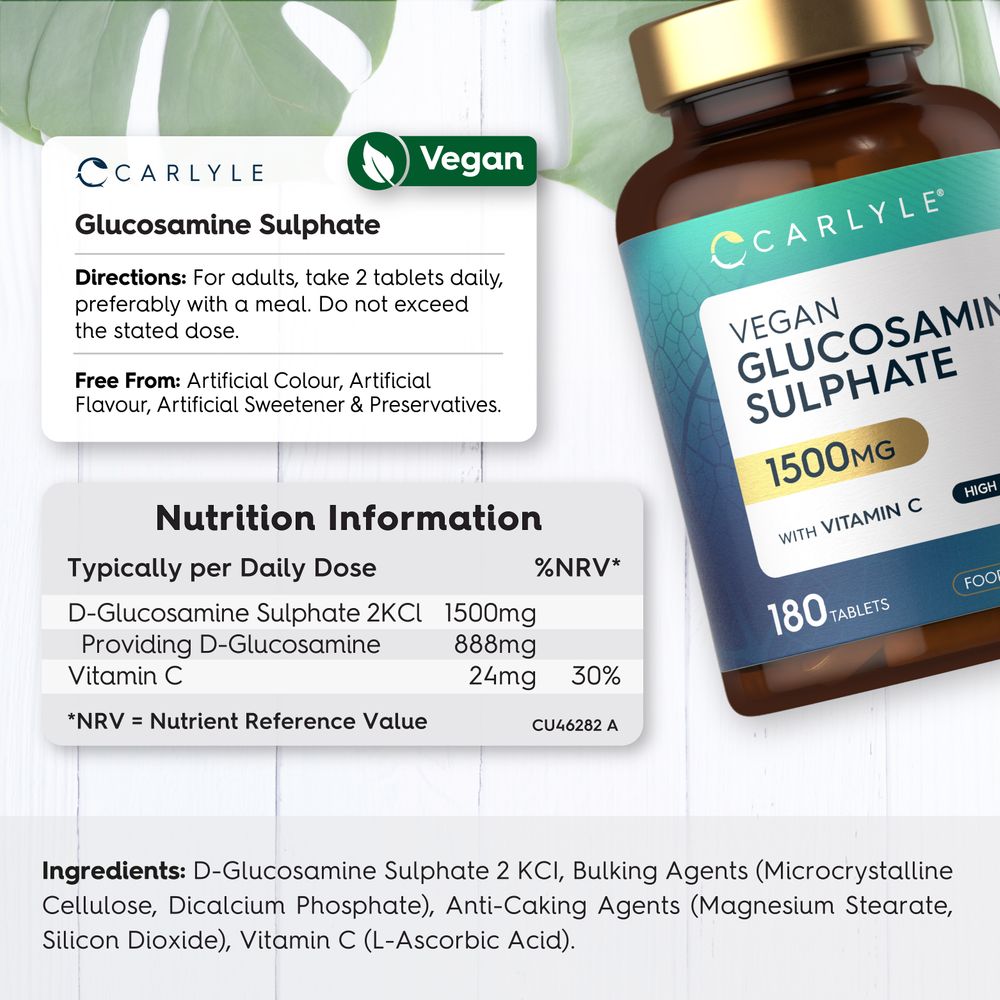 Vegan Glucosamine Sulphate 1500mg daily dose (2 tablets) with Vitamin C, 180 tablets.
