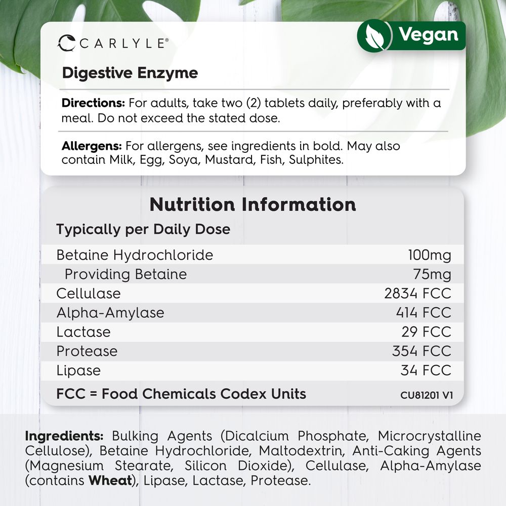 Digestive Enzyme Complex label showing directions, allergen warning, nutrition information, ingredients, and a Vegan badge.