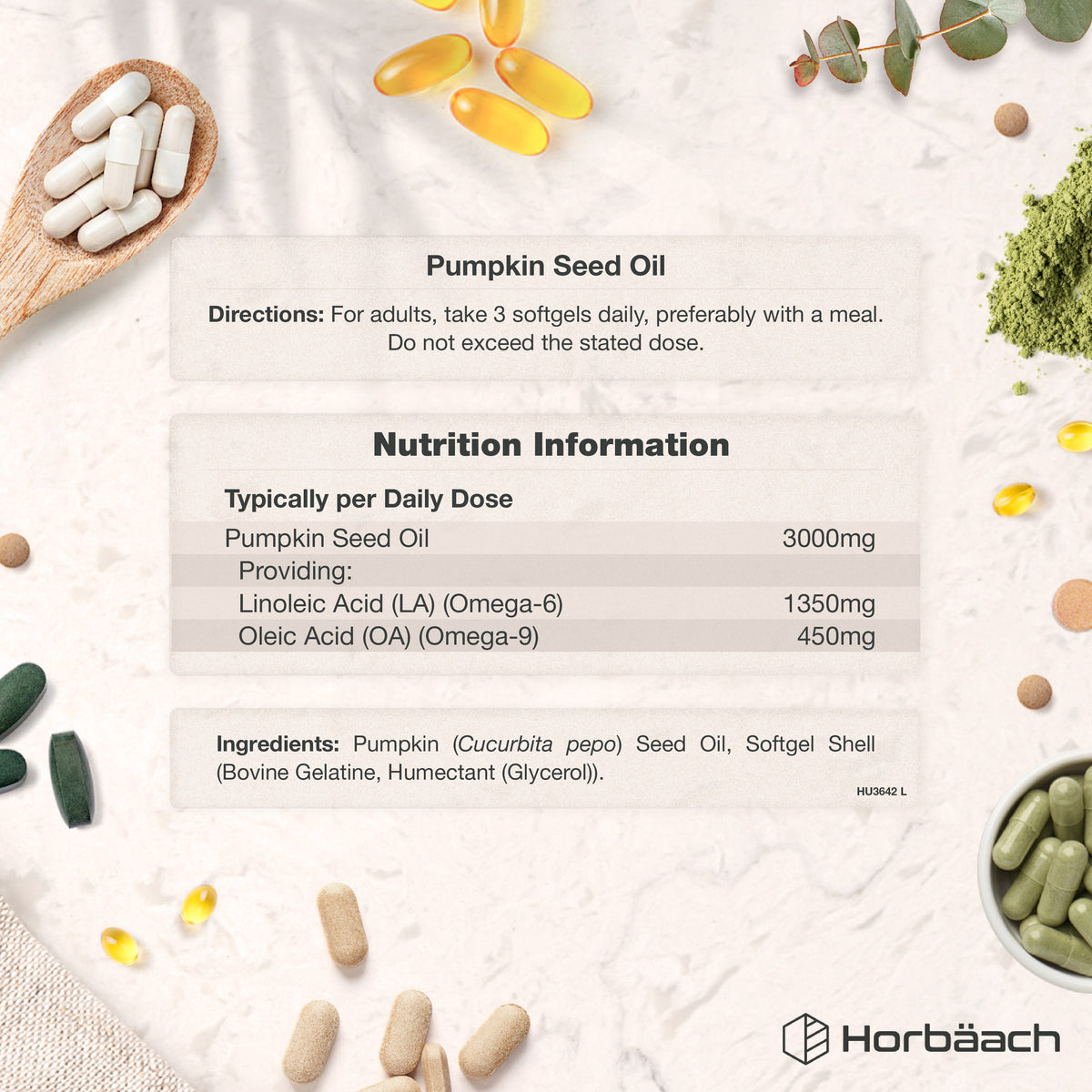 HU Pumpkin Seed 3000mg 180 Softgels details: Directions, Nutrition Facts (Omega-6 1350mg, Omega-9 450mg), Ingredients.