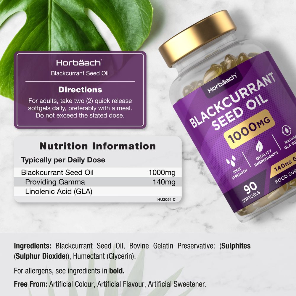Blackcurrant Seed Oil 1000mg 90 Softgels bottle with many yellow softgels visible inside.