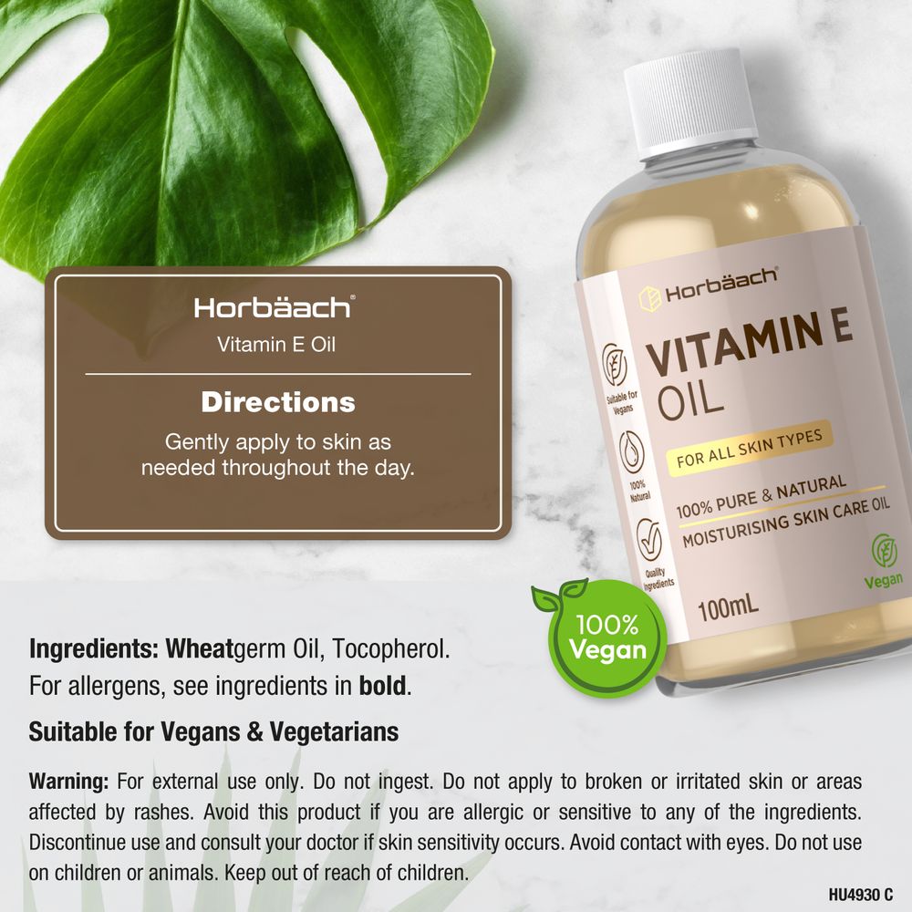 Horbäach Vitamin E Oil 100ml bottle, 100% Pure & Natural, suitable for all skin types, and 100% Vegan.