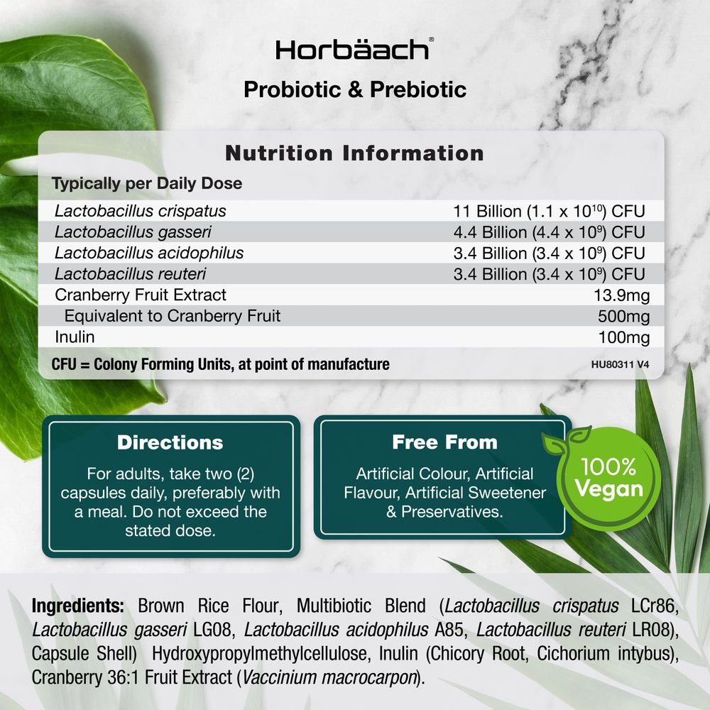 The label shows a daily dose of two capsules, providing 22 Billion CFU and cranberry extract.
