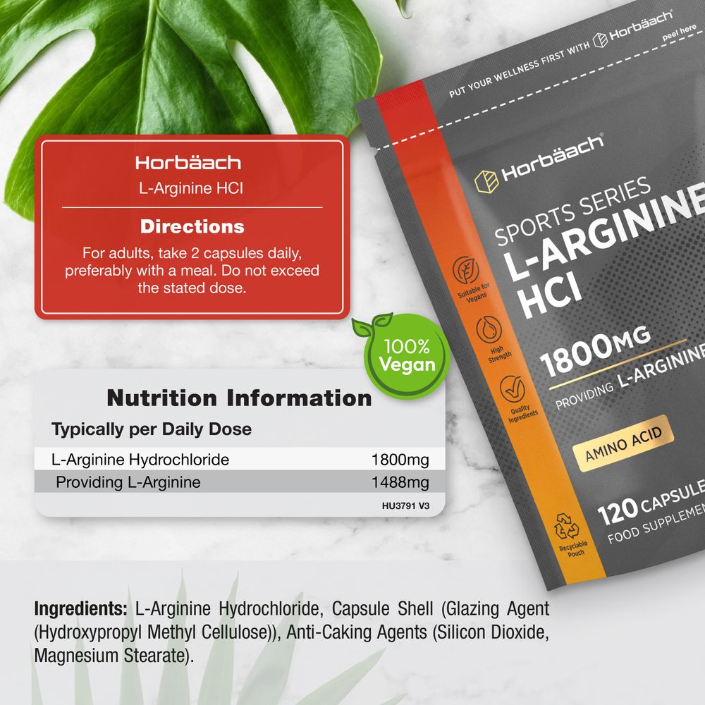 120 capsules of L-Arginine. Two capsules deliver 1800mg of L-Arginine Hydrochloride.