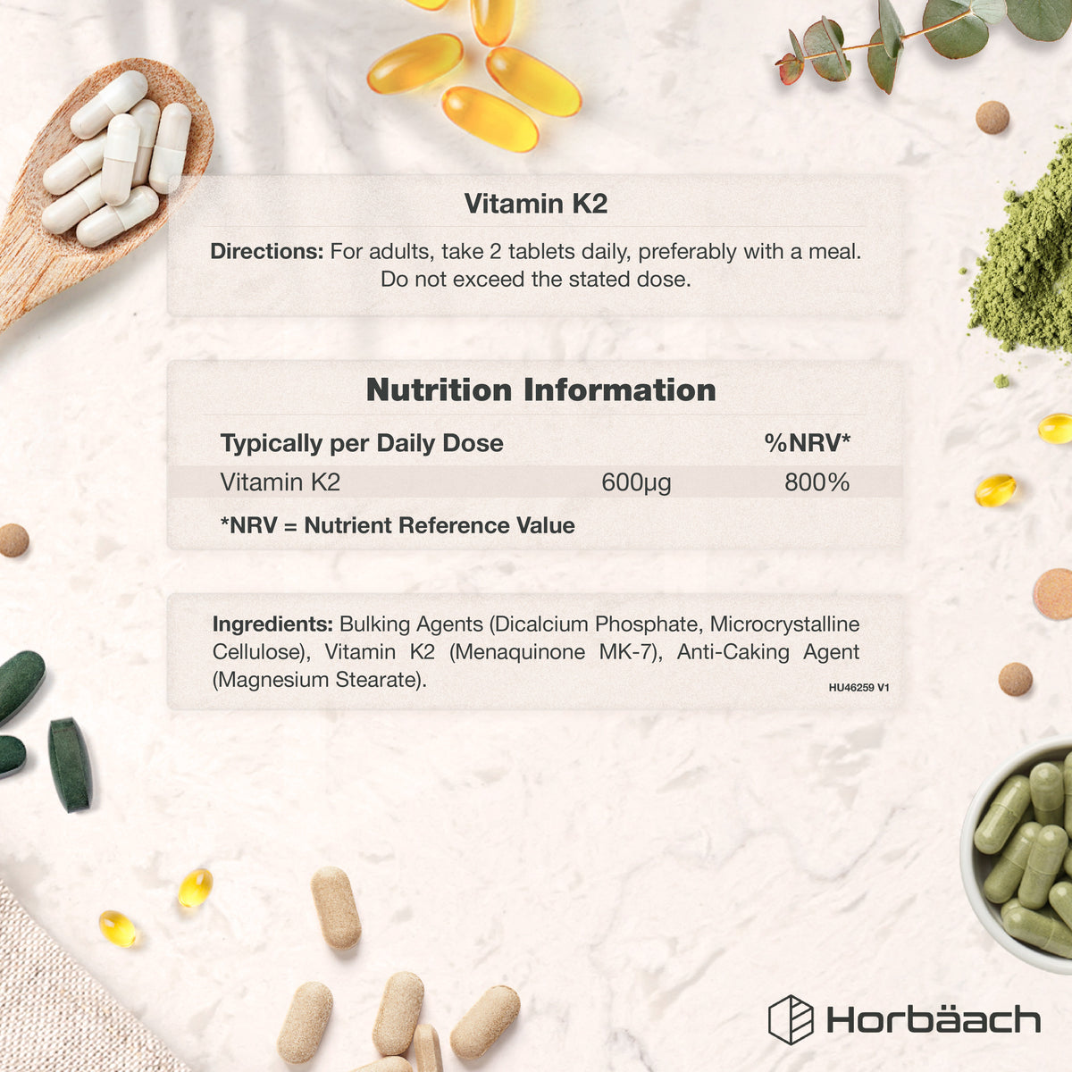 Supplement Facts panel for HU Vitamin K2 MK-7 600ug, offering 120 vegan tablets.
