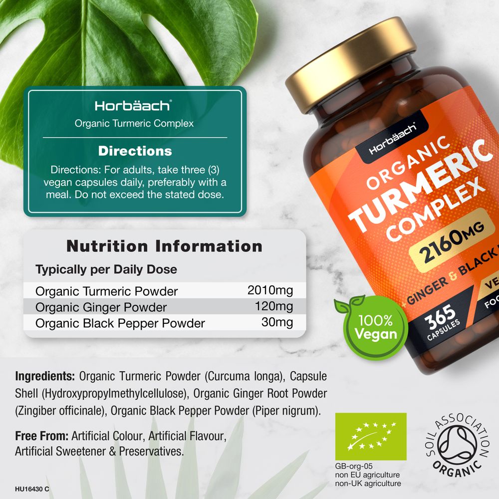 Bottle of Organic Turmeric Complex, 2160mg per daily dose, containing 365 vegan capsules.