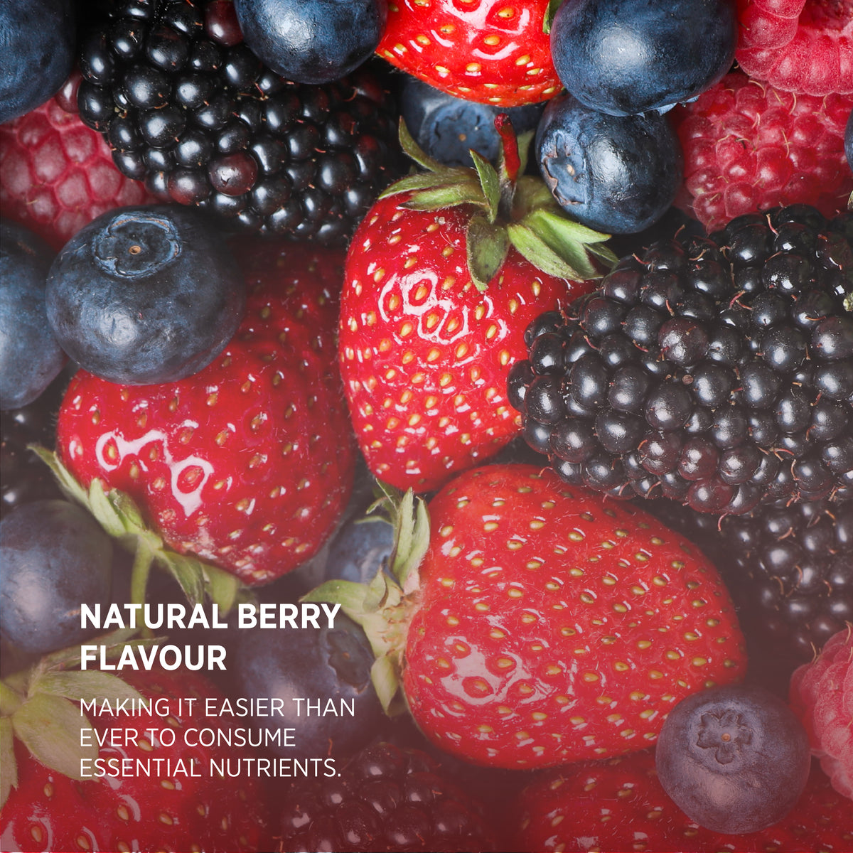 Natural berry flavor product shown with mixed berries, making it easier to consume essential nutrients.