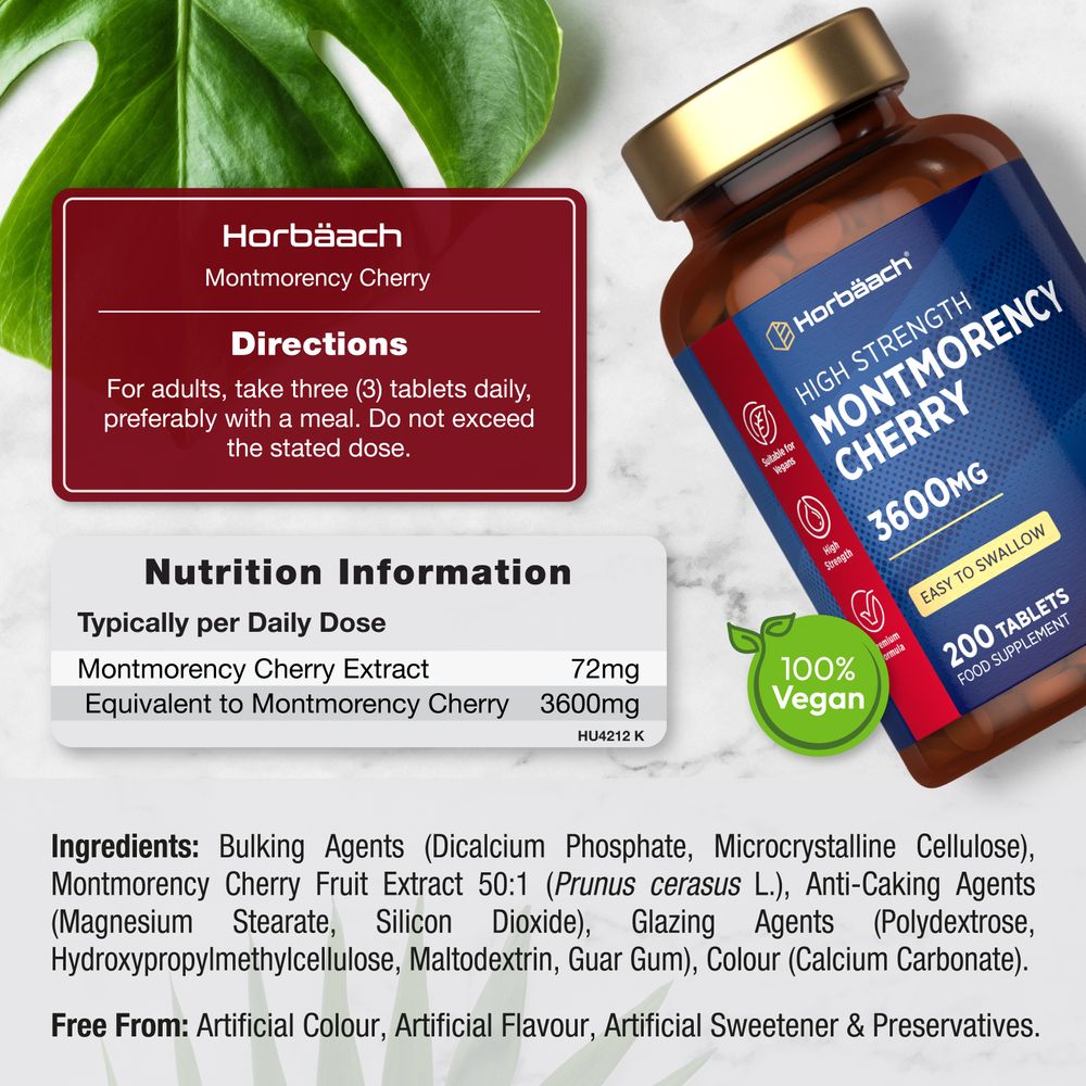 A hand holding a bottle of High Strength Montmorency Cherry tablets, 3600mg, 200 vegan tablets.