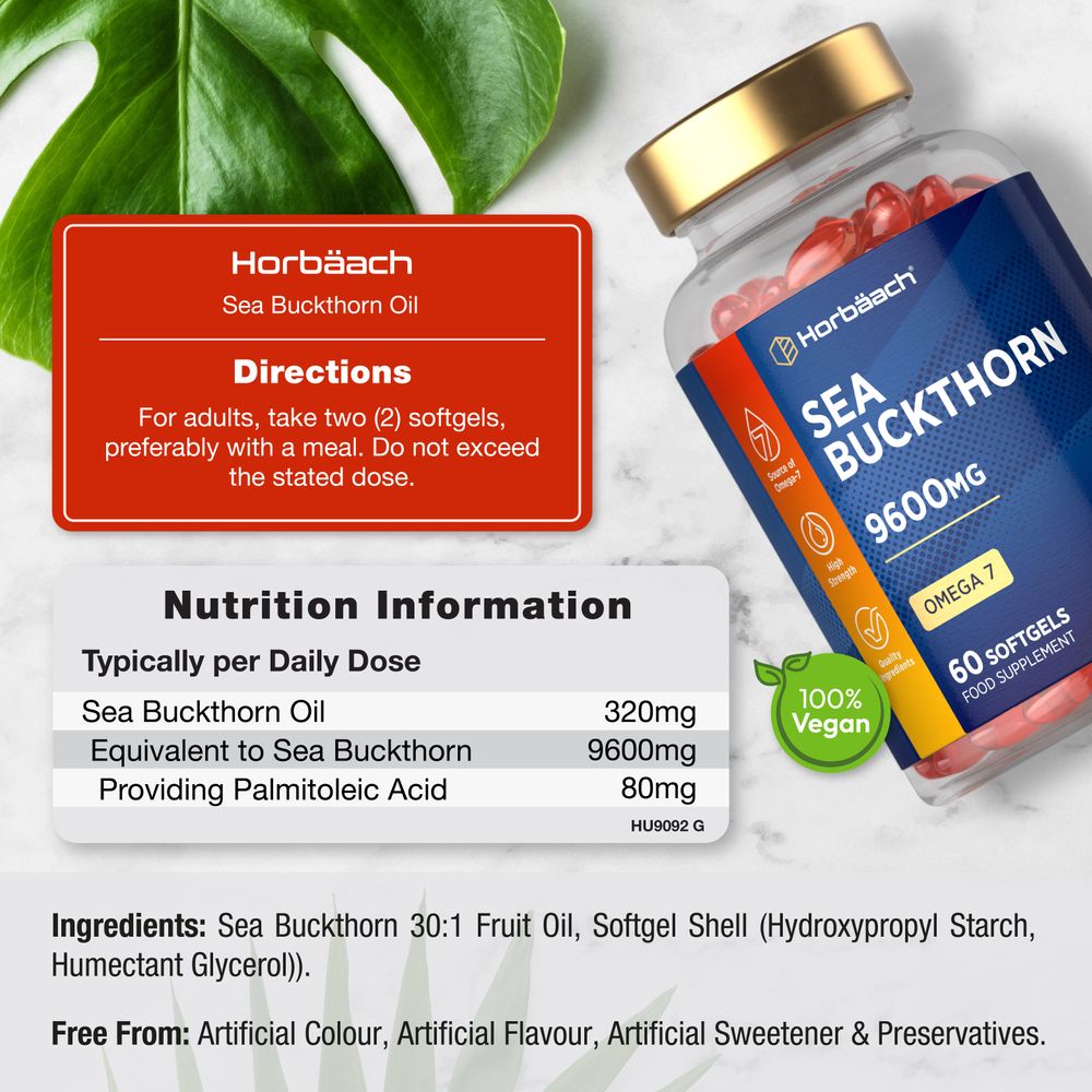 A hand holds a bottle of Sea Buckthorn 9600mg containing 60 softgels, highlighting supplement packaging and dosage details.