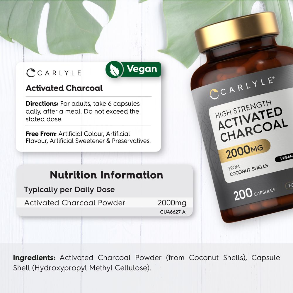 Hand scale image of Activated Charcoal 2000mg, 200 Vegan capsules, 6 capsules daily from coconut shells.