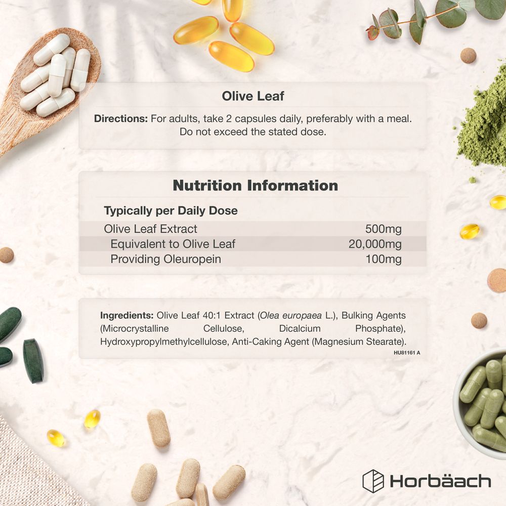 A hand holds light green capsules of Olive Leaf Extract, 500mg, equivalent to 20,000mg Olive Leaf.
