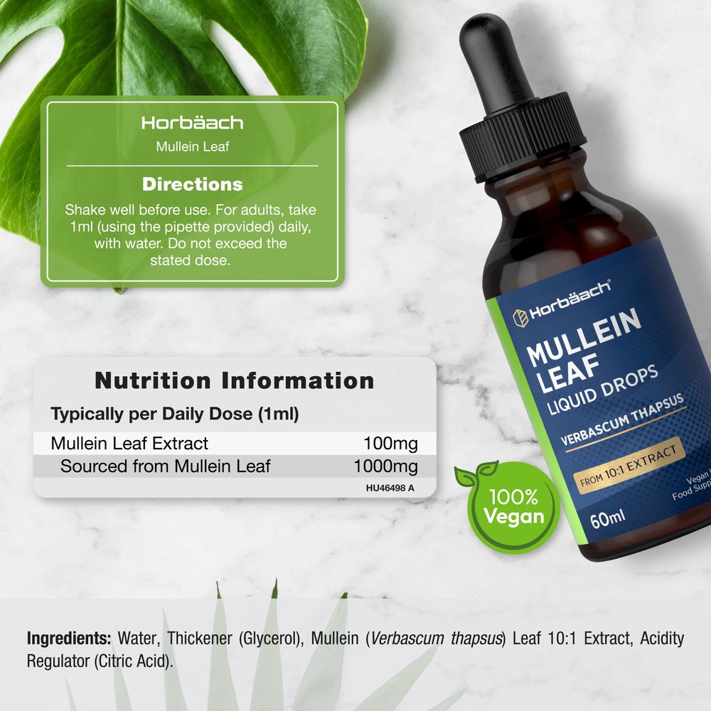 Mullein Leaf Liquid Drops in a 60ml amber dropper bottle with a blue and green label featuring a '100% Vegan' badge.