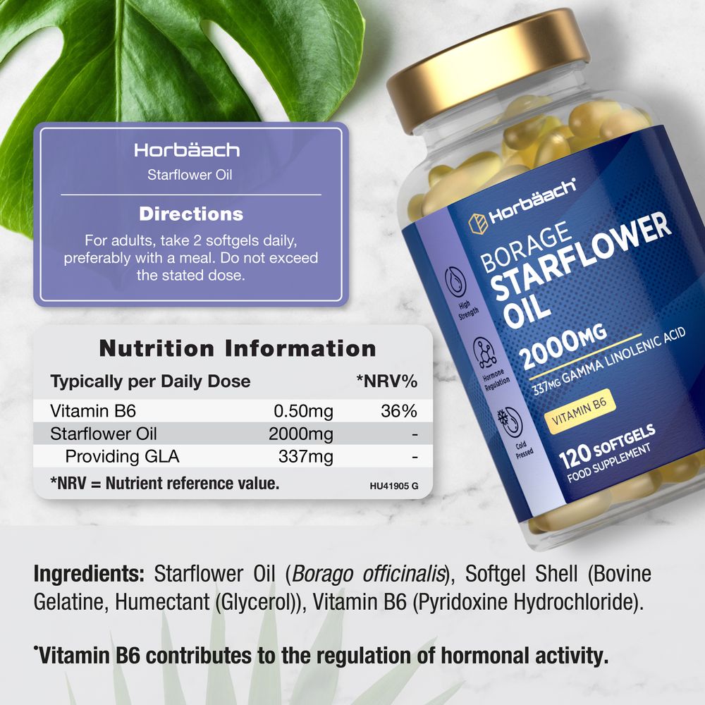 A hand holding yellow softgels of Borage Starflower Oil, each 1000mg, highlighting supplement size and color.