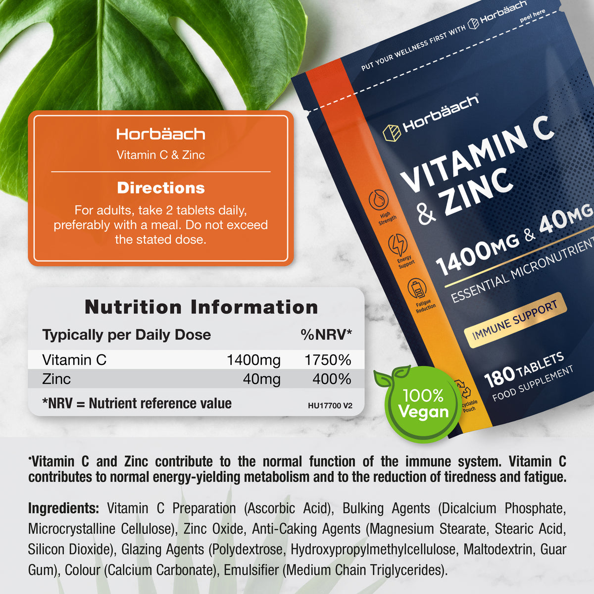 Horbäach Vitamin C & Zinc 1400mg & 40mg, 180 Vegan Tablets Food Supplement in a pouch.