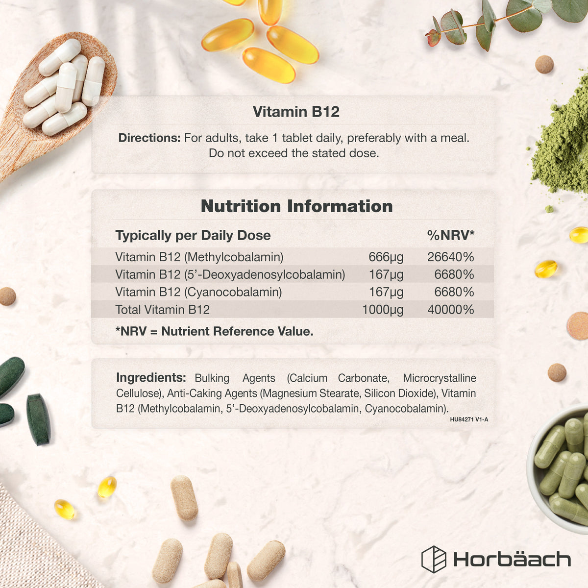 Supplement Facts panel for Triple-Action Vitamin B12, 1000mcg, 365 Vegan Tablets.