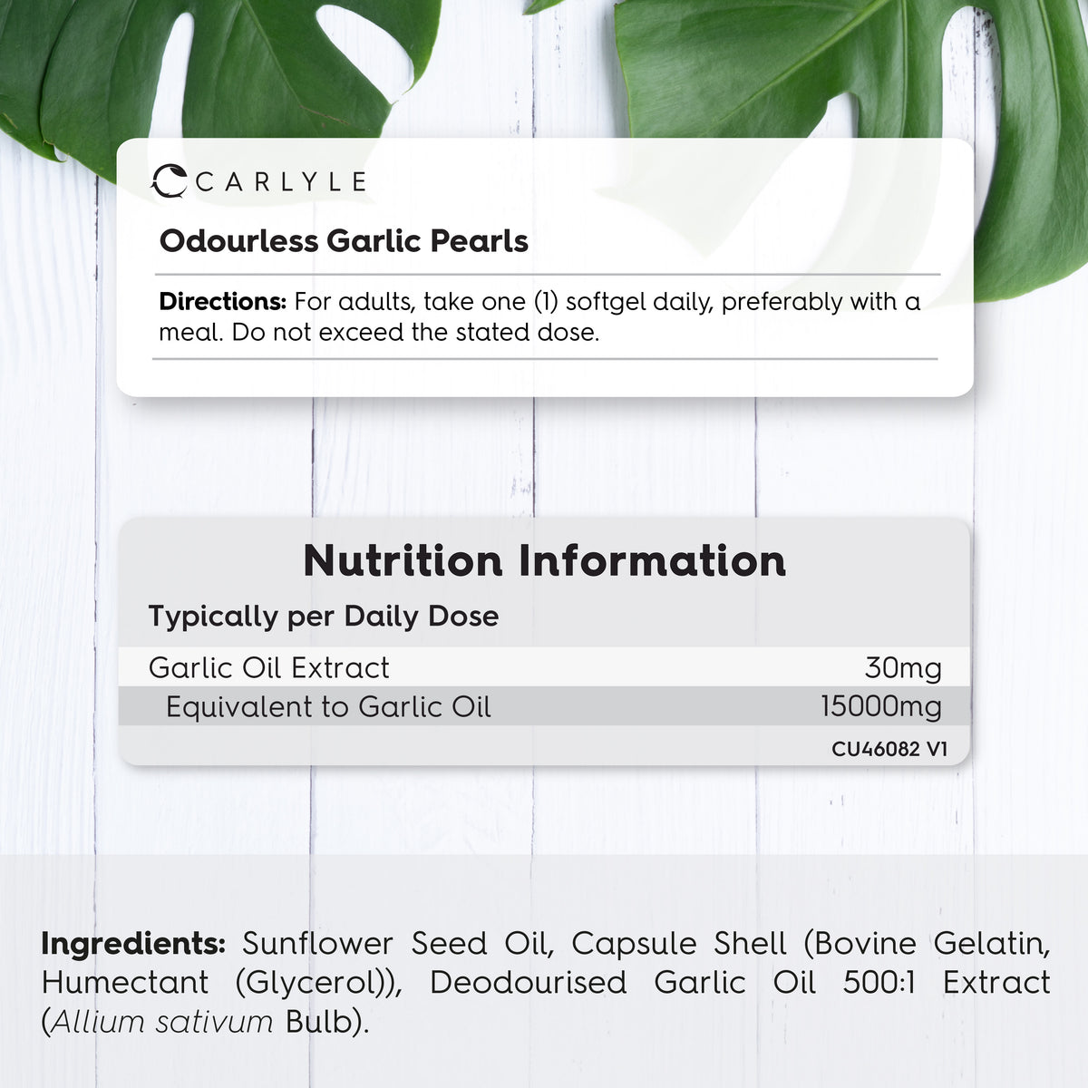 Supplement Facts for Odourless Garlic Pearls, 365 Softgels included.