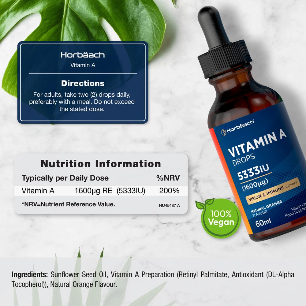 Vitamin A Drops 5333IU (1600µg), 60ml bottle, 100% Vegan, Natural Orange Flavor. Supports vision and immune system.