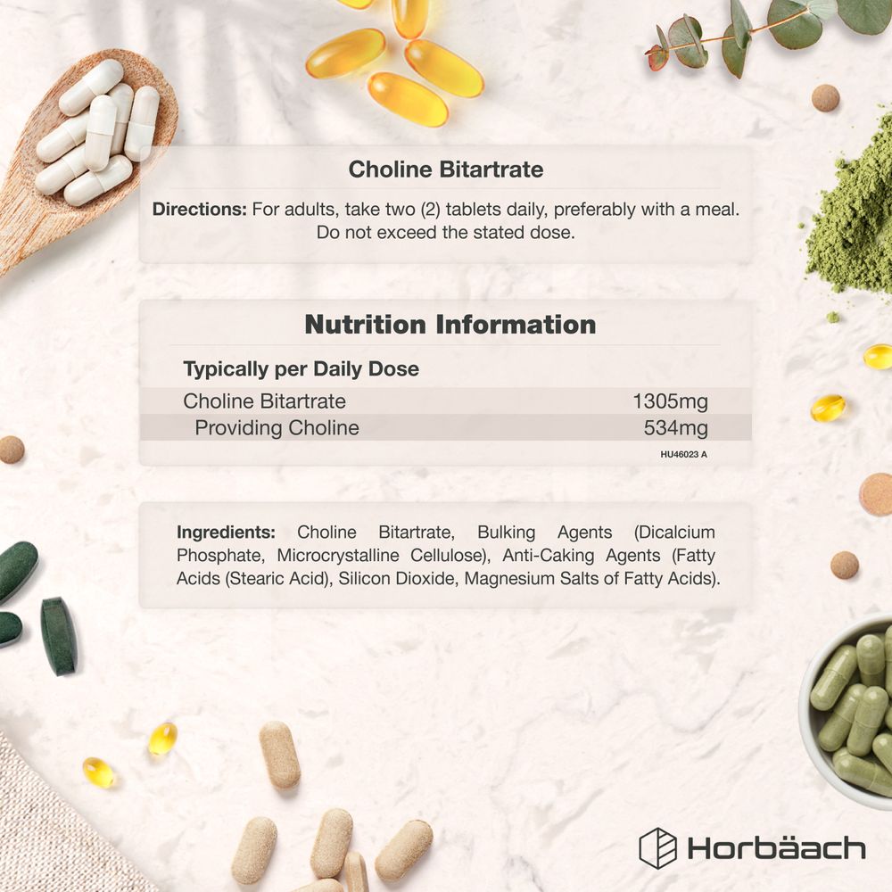 Two white tablets with 1305mg of Choline Bitartrate, surrounded by capsules and powders in the background.