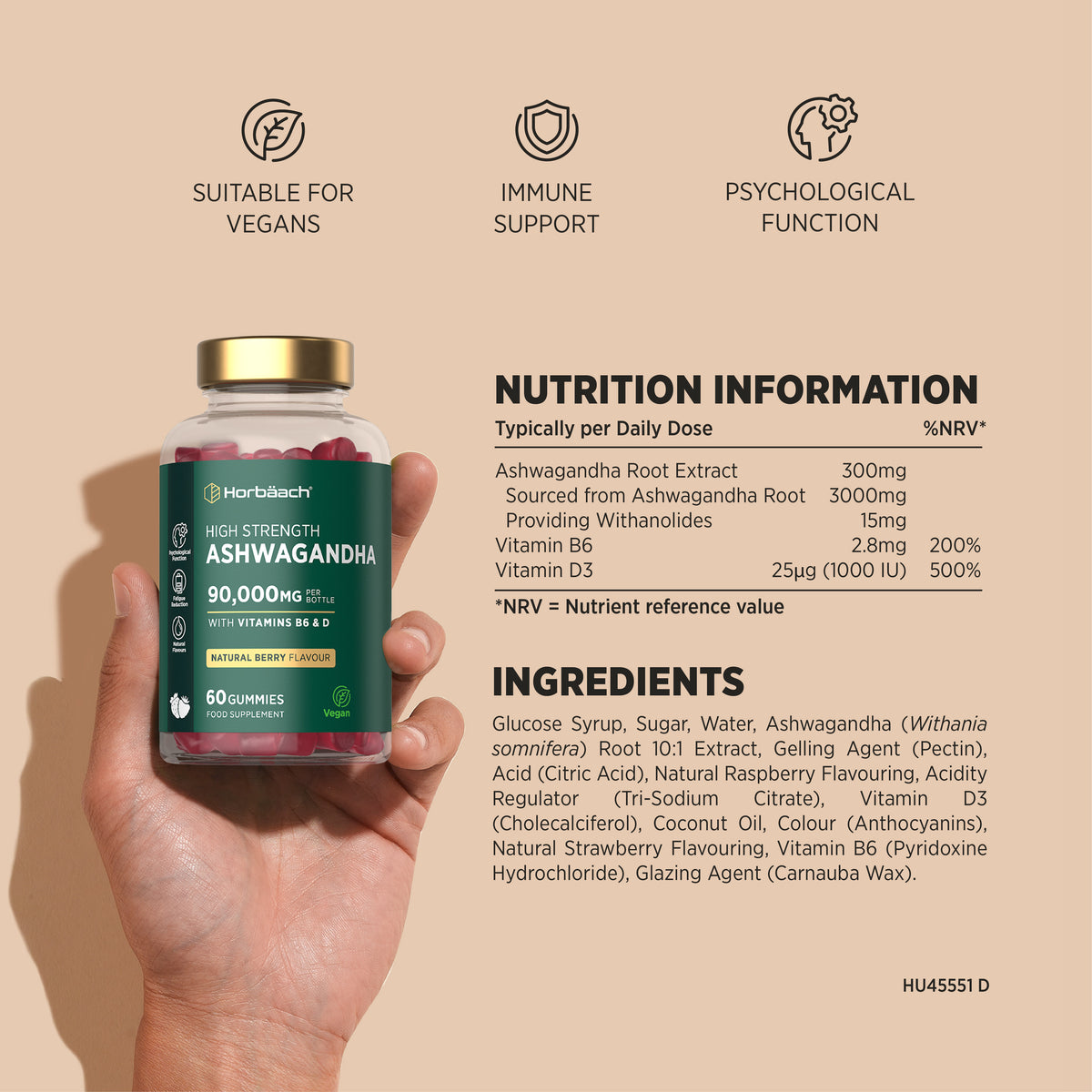 Horbäach High Strength Ashwagandha Gummies with Vitamins B6 & D, Natural Berry Flavor, 60 count.