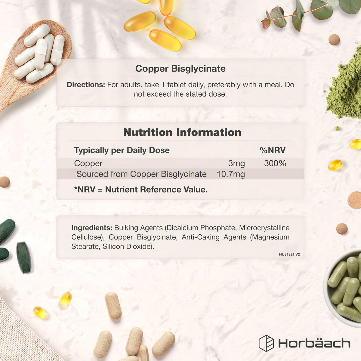 Infographic detailing Copper Bisglycinate: Take 1 tablet daily. Contains 3mg copper (300% NRV) from 10.7mg Copper Bisglycinate. Ingredients info.