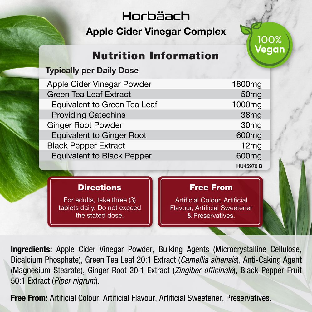 Nutrition panel for Apple Cider Vinegar Complex with 100% Vegan badge, Directions, Free From, and Ingredients.
