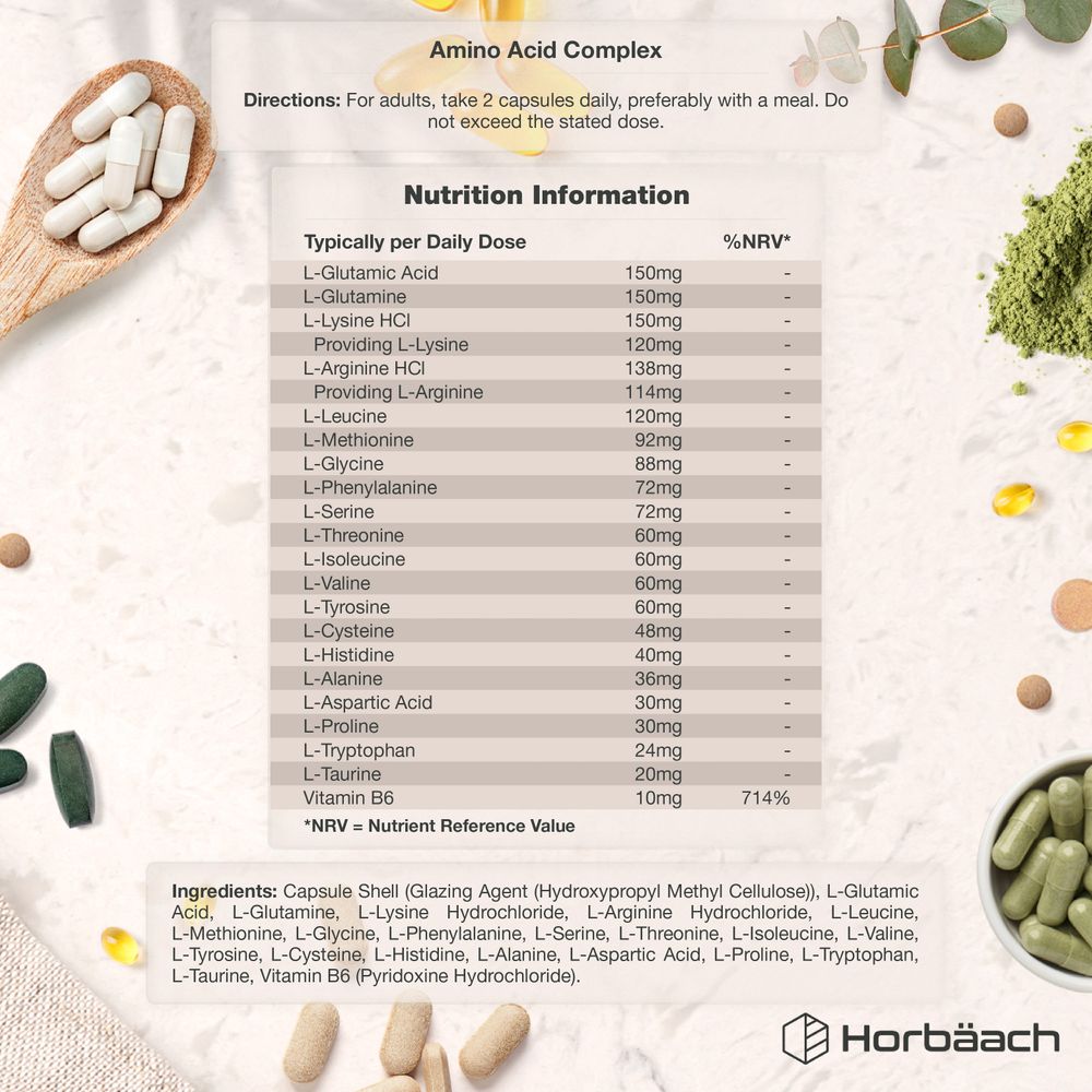 Label of HU Amino Acid Complex 120 Vegan Capsules showing supplement facts.