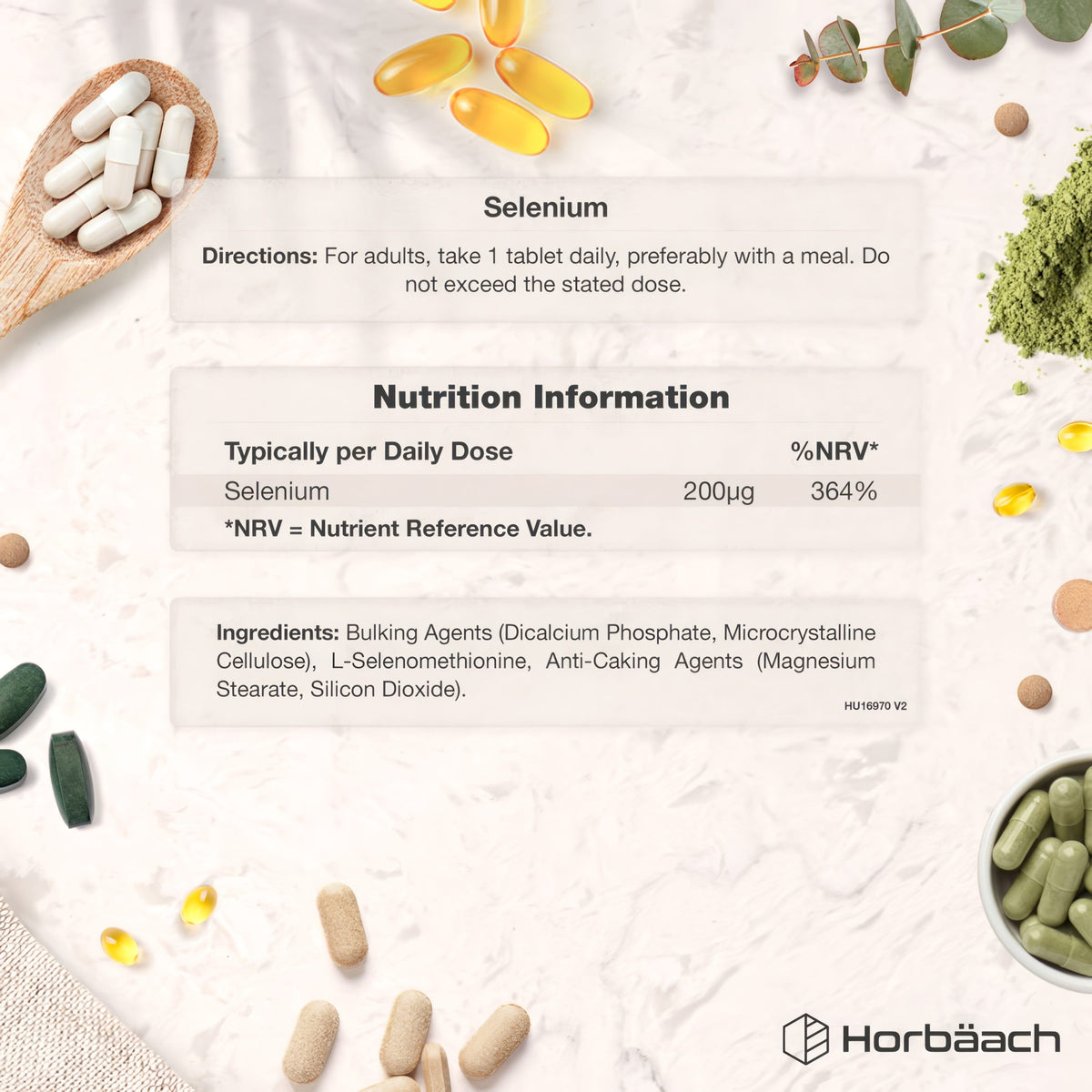 HU Selenium product graphic showing directions (1 tablet daily), nutrition (200µg Selenium), and ingredients list.