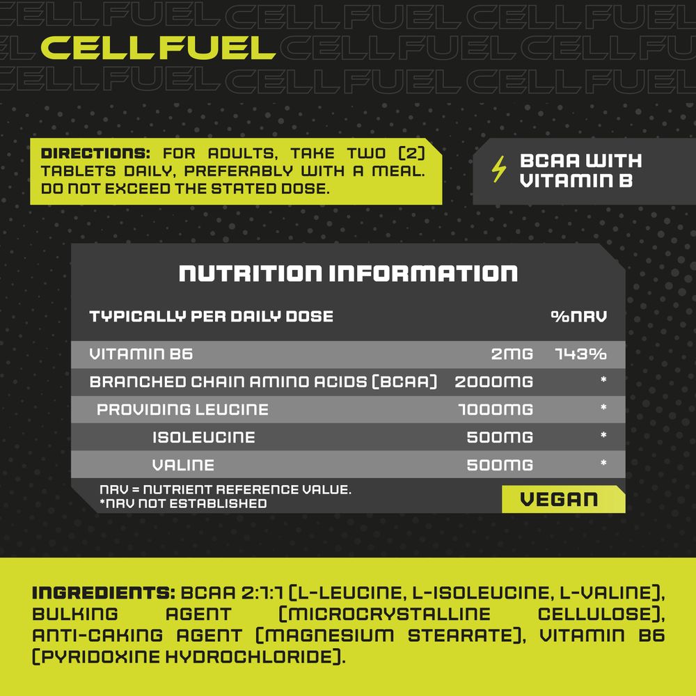Two tablets per day offer 2000mg of Branched Chain Amino Acids (BCAA).