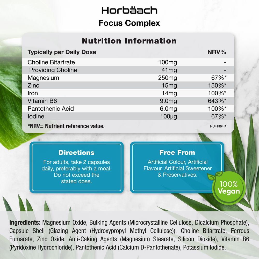 Nutrition Information panel for HU Cognitive Neuro Complex, featuring 180 vegan capsules.