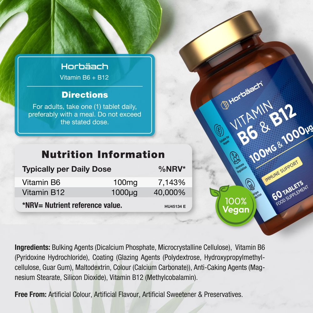 A single tablet containing 100mg of Vitamin B6 and 1000mcg of Vitamin B12.