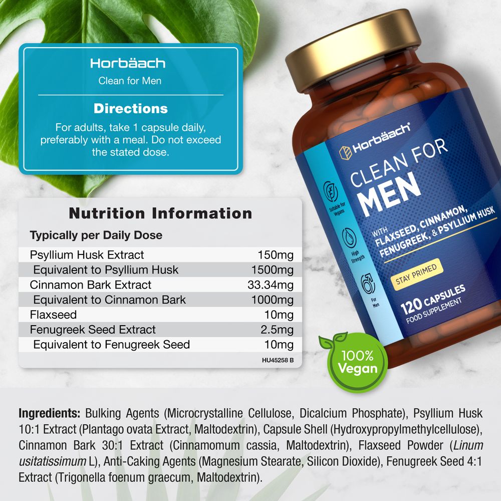 HU Clean for Men 120 Capsules bottle featuring directions and nutritional information.