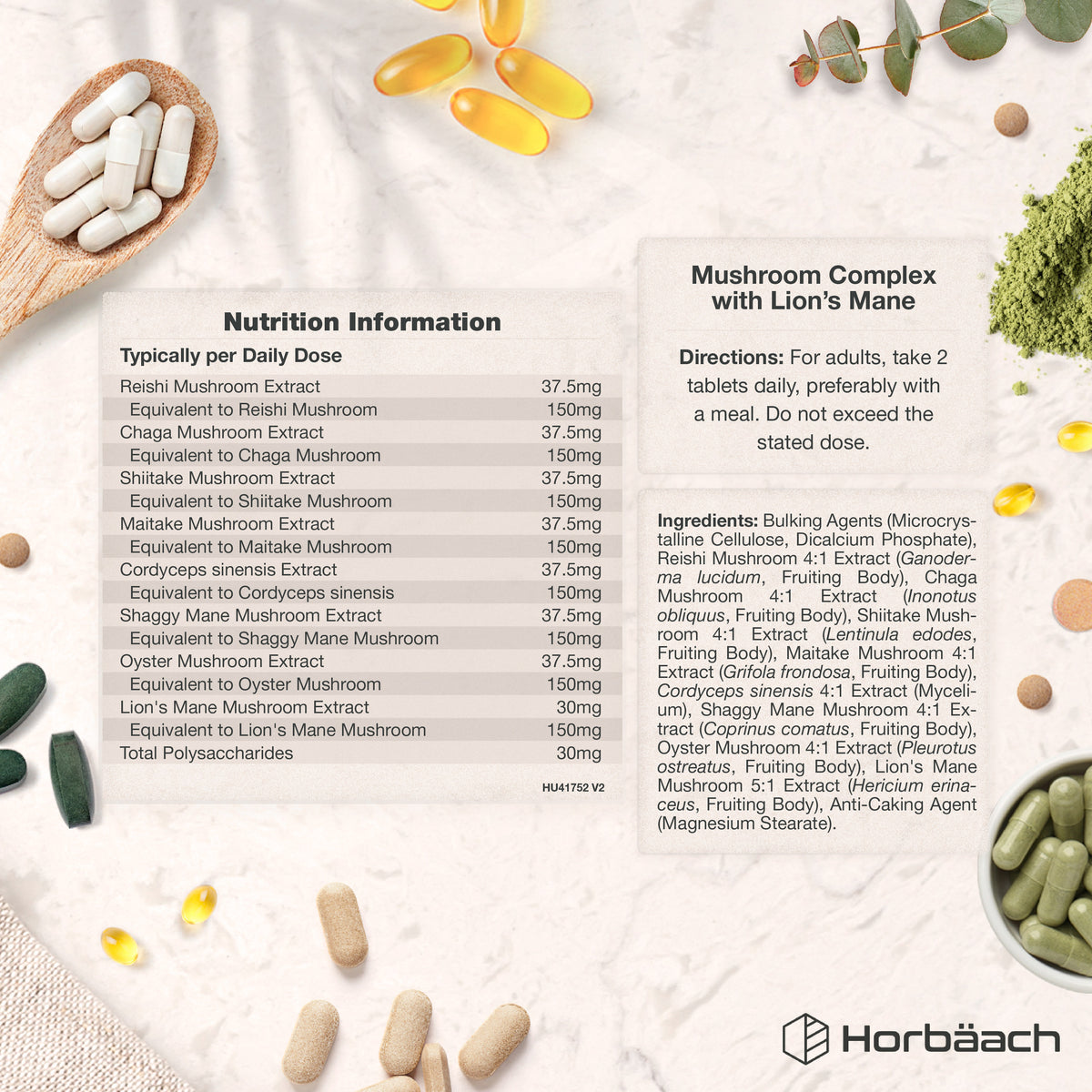 Supplement Facts panel for HU Mushroom Complex featuring 120 vegan tablets.