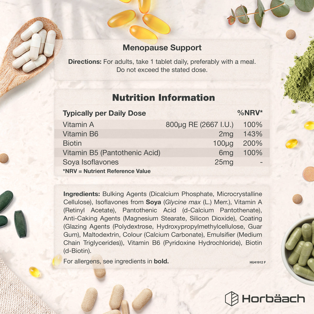 Menopause Support label showing nutrition info and ingredients. Directions advise taking 1 tablet daily.