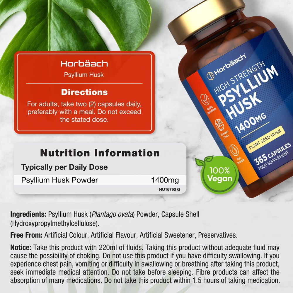 Psyllium Husk capsules with a 1400mg dose per two capsules, shown on a hand scale.
