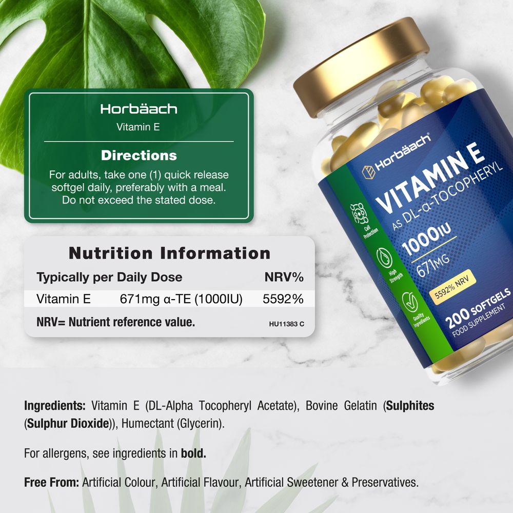 Vitamin E DL-α-Tocopheryl 1000 IU 671 mg softgels shown with a hand for scale, showcasing size and dosing convenience.