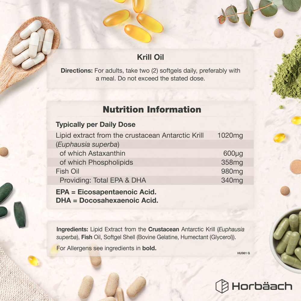 Two Krill Oil softgels contain 1020mg lipid extract from Antarctic krill and 980mg fish oil.