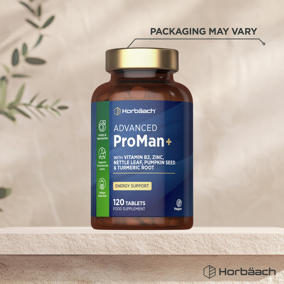 Advanced ProMan+ 120 Vegan Tablets with Vitamin B2, Zinc, Nettle, Pumpkin Seed, and Turmeric for energy support.