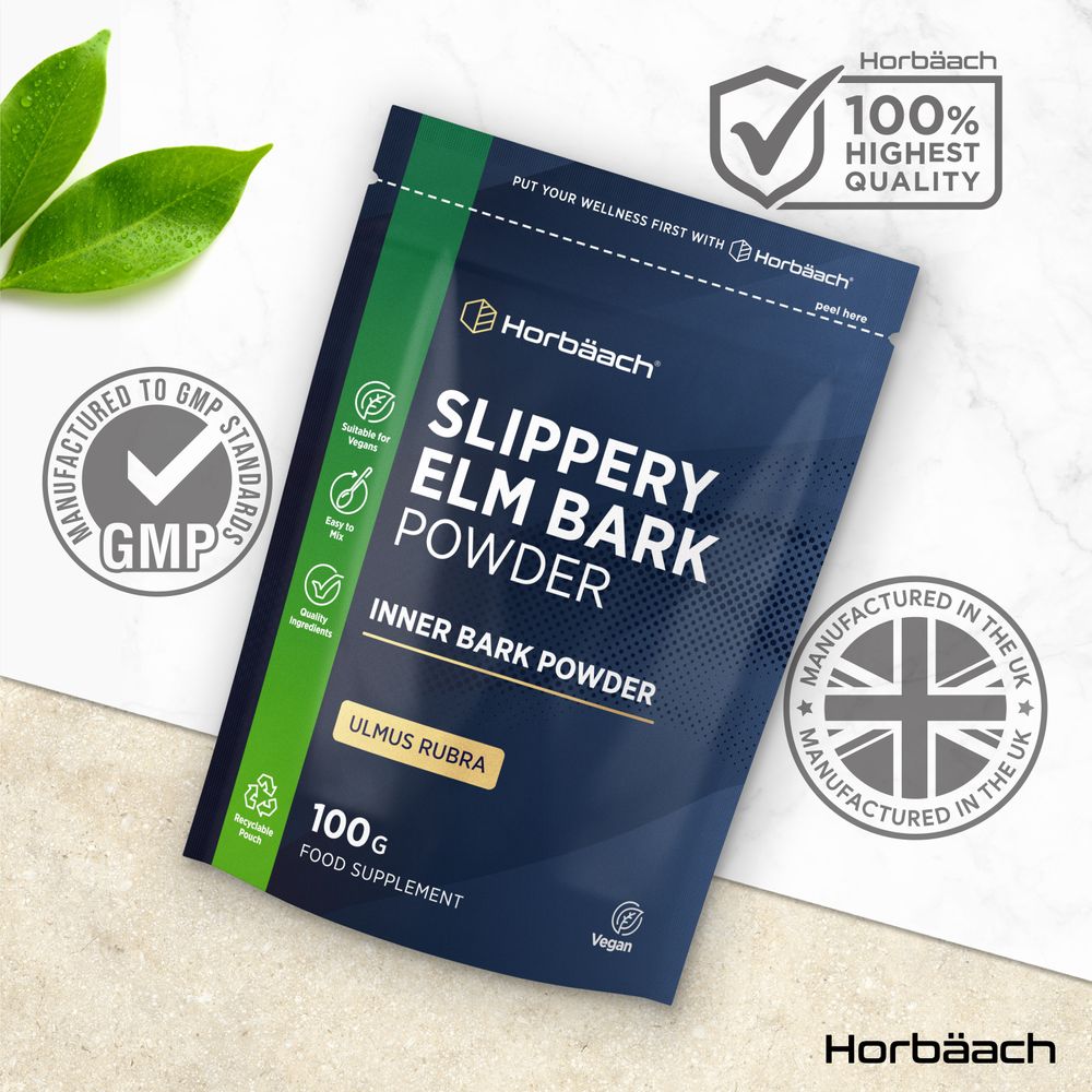 Hand holding a scale with 100g of Slippery Elm Bark Powder.