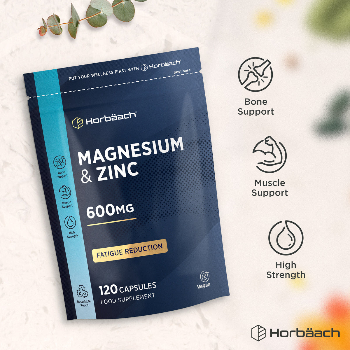 Horbäach Magnesium & Zinc 600MG 120 Capsules Food Supplement in a recyclable vegan pouch.
