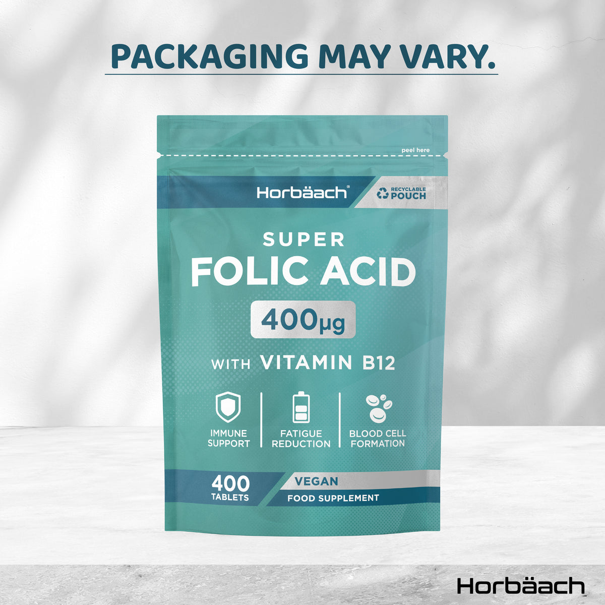 Super Folic Acid 400µg with Vitamin B12, 400 Vegan Tablets; Food Supplement in a Recyclable Pouch.