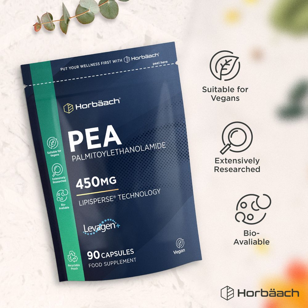 Horbäach PEA Palmitoylethanolamide 450mg, 90 Vegan Capsules Food Supplement pouch on hand scale.
