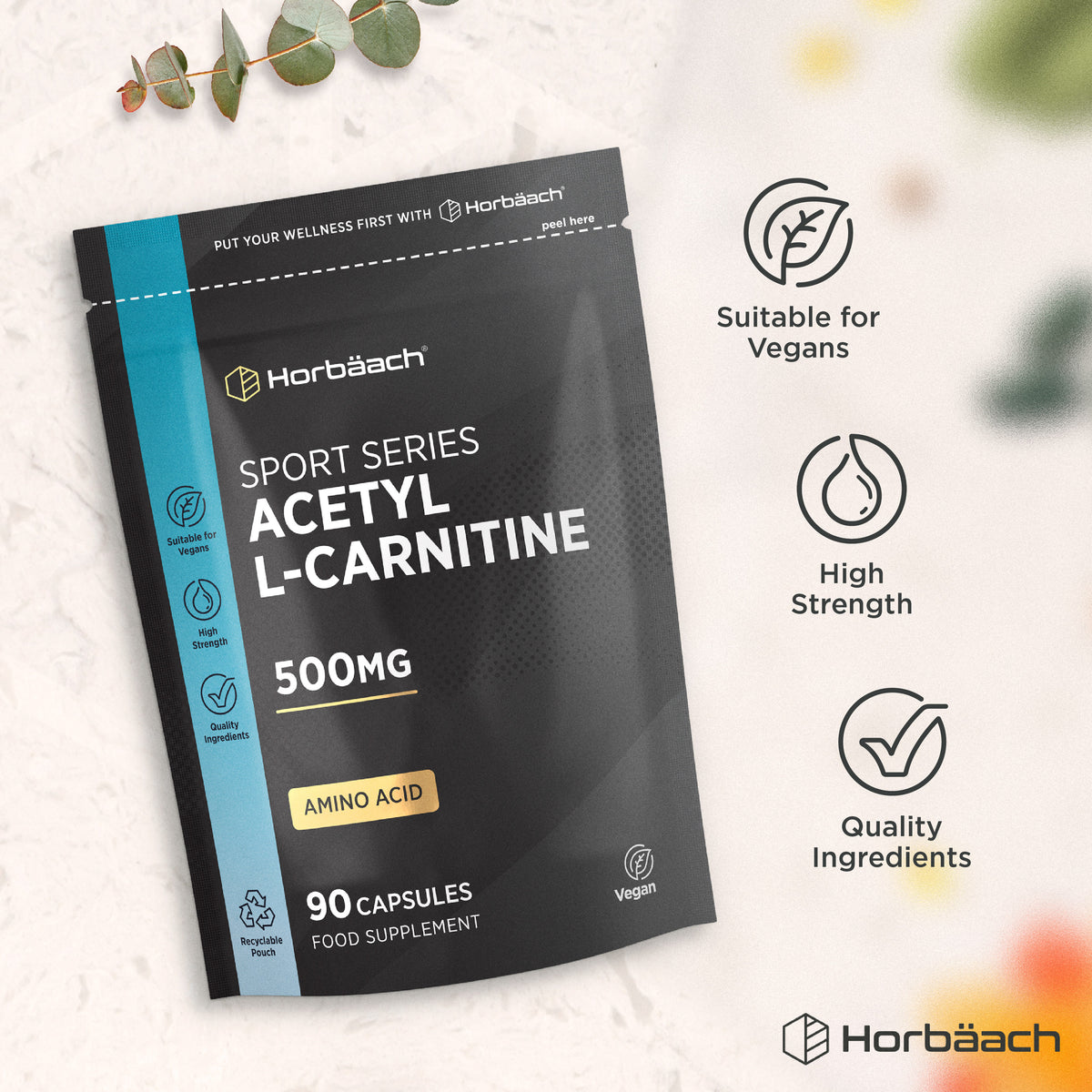 Acetyl L-Carnitine 500mg, 90 Vegan Capsules supplement in a black pouch with a blue stripe.