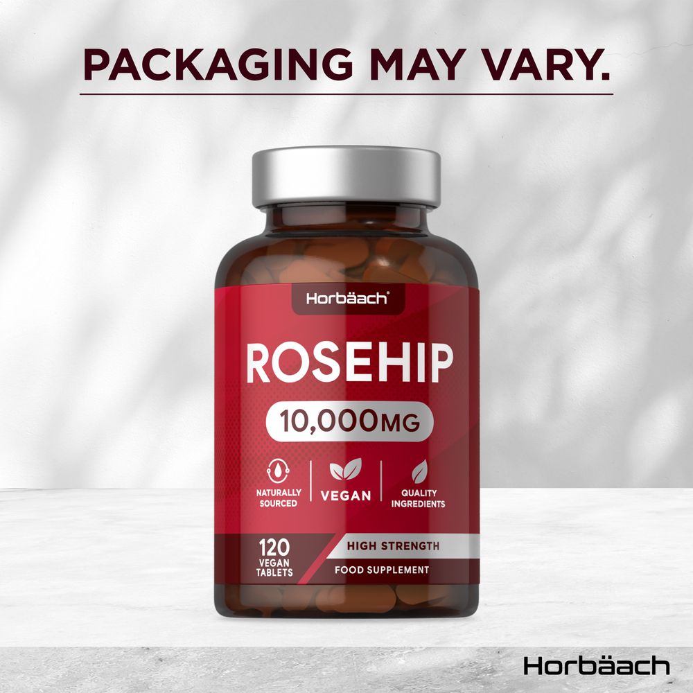 A bottle of Rosehip 10,000MG with 120 vegan tablets is shown, displaying its label and dosage information.