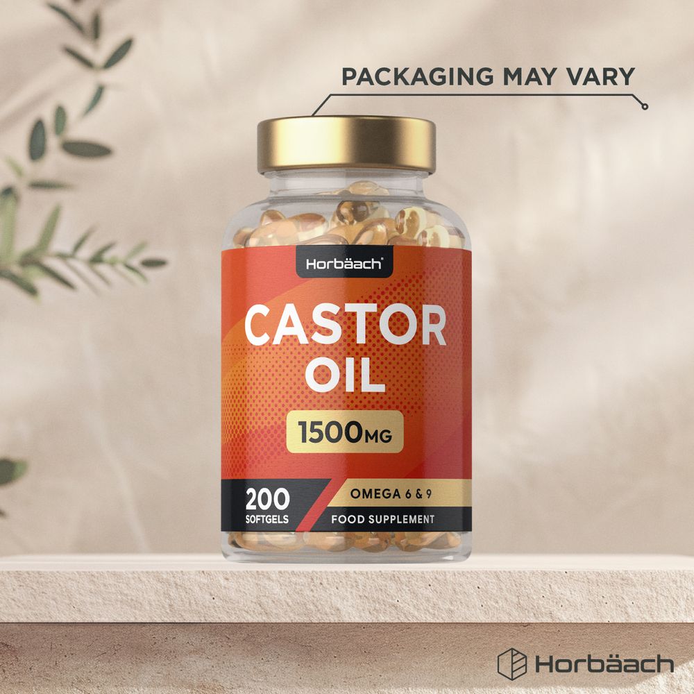 A clear bottle containing 200 golden softgels of 1500 mg Castor Oil is visible.